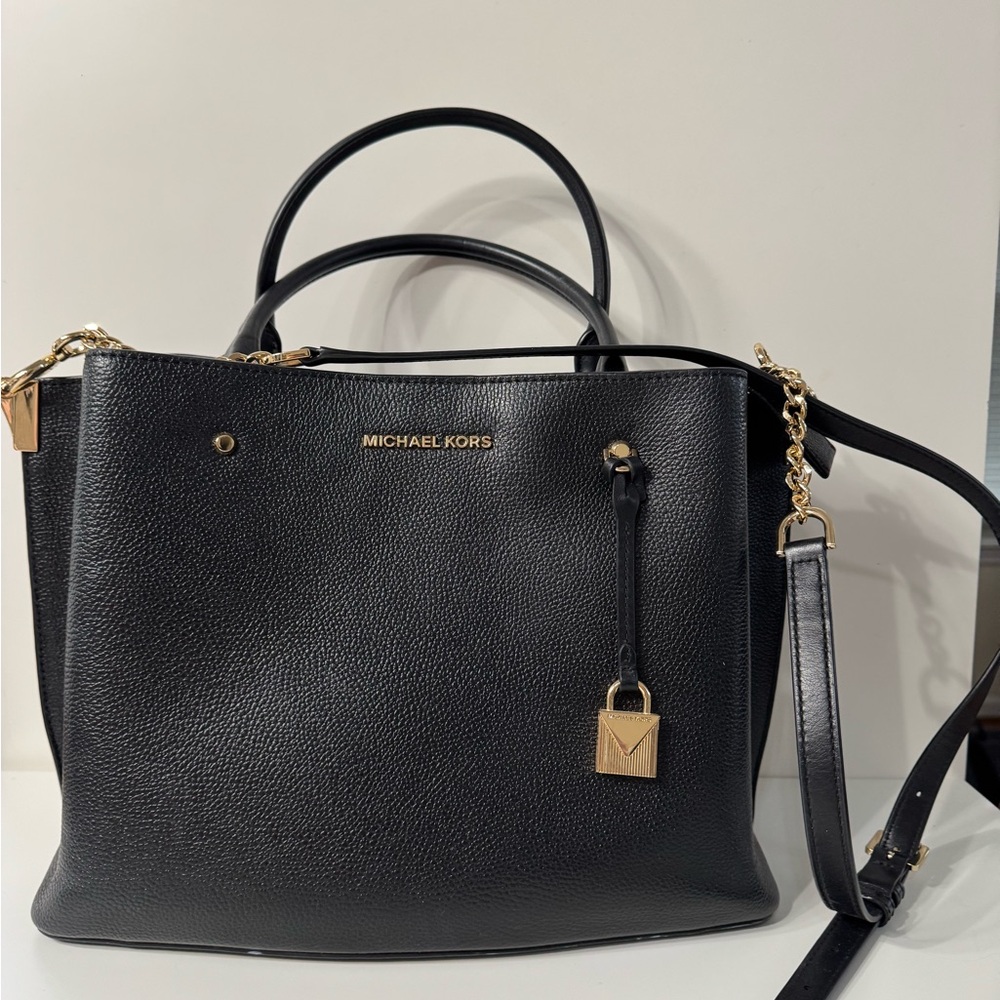 Michael Kors Black Pebbled Satchel with Gold Accents